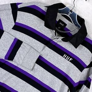 HUF Rugby Polo Shirt Mens M Gray Purple Stripe Preppy Skater Classic Y2K